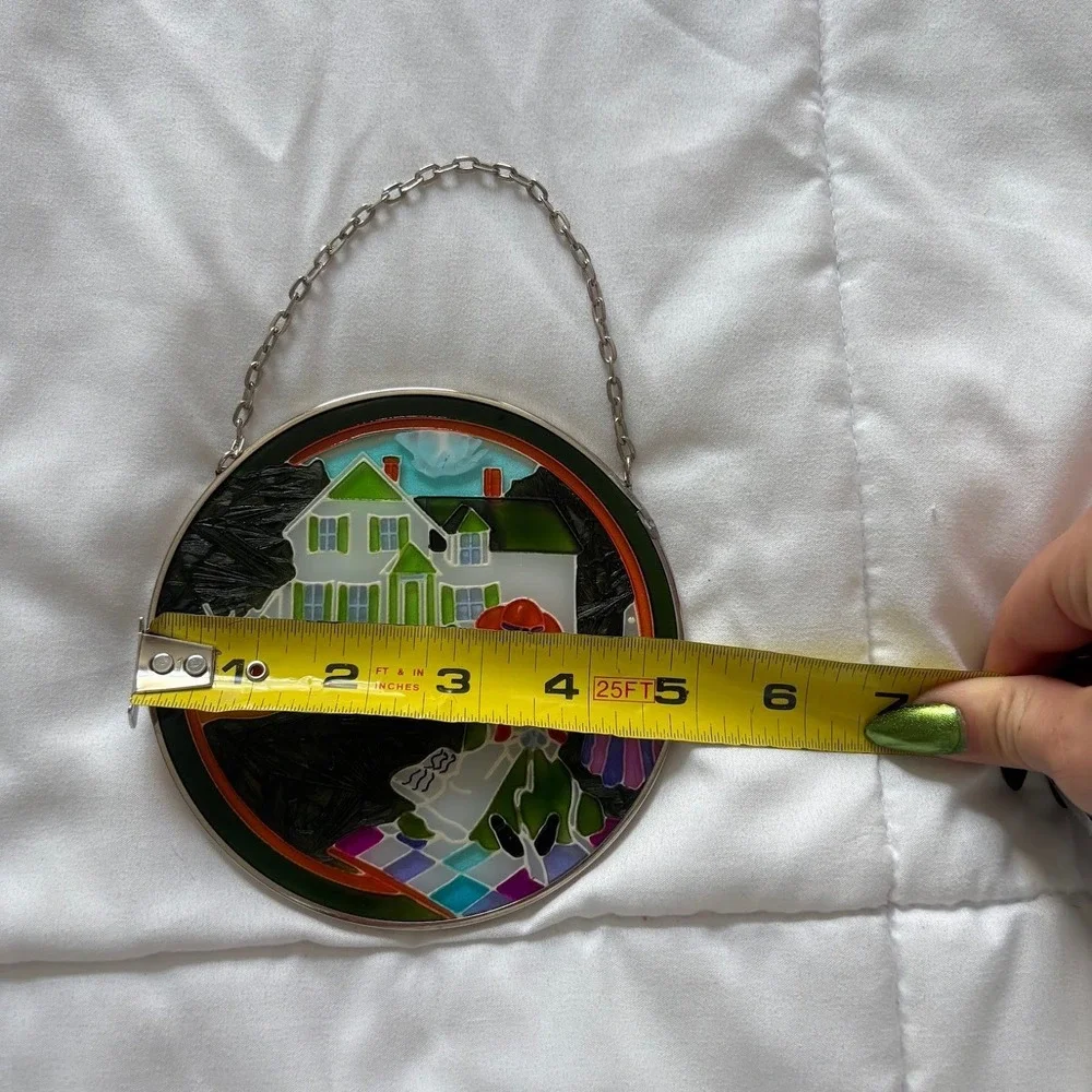 Vintage Stained Glass Suncatcher Farmhouse Girl in Red Hat Window Hanging 5.5
